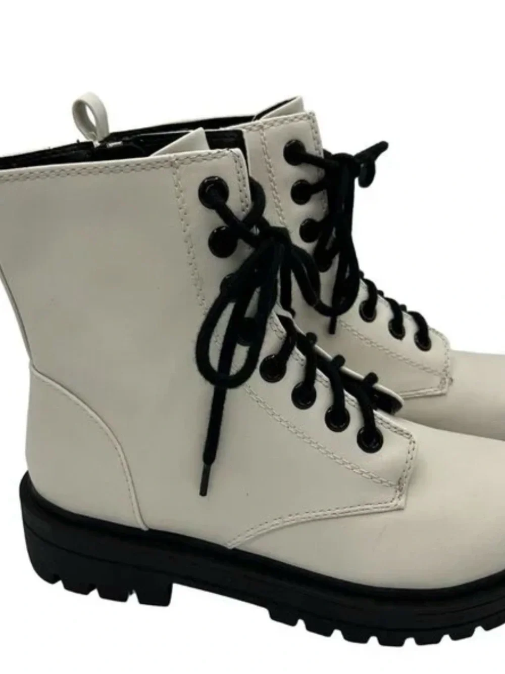 Youth White Lace-Up Combat Boots with Black Soles